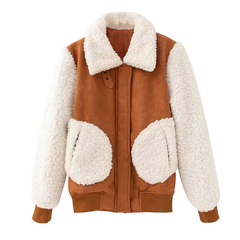 fashion women grain cashmere patchwork jacket streetwear lady turn down collar outerwear causal female pocket 210430