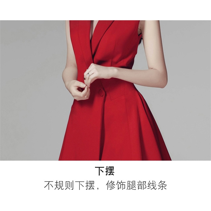 Fashion Summer Women Sleeveless Notched Collar irregular Party Red Dress Office OL Business casual Slim Formal 210519