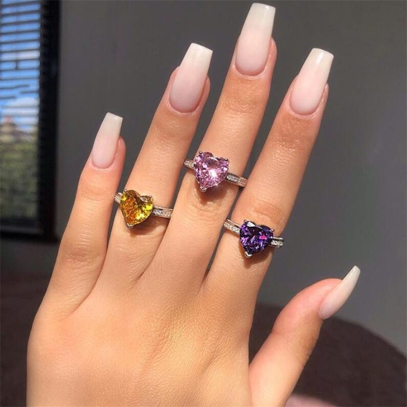 Size 6-10 Simple Fashion Jewelry Wedding Rings 925 Sterling Silver Heart Shape 5A White Pink Topaz CZ Diamond Gemstones Party Women Engagement Bridal 
