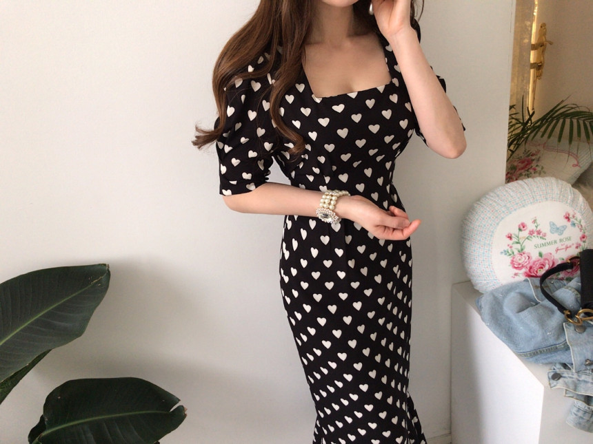 Elegant Vintage Square Collar Ruffles Mermaid Dress Summer Bodycon print Slim OL Dresses Vestidos 210519