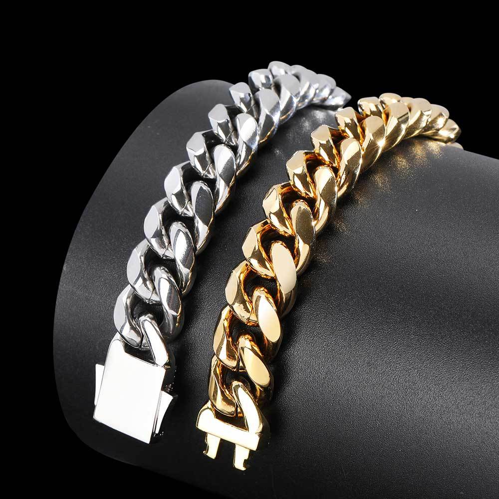 Chain Men's Bracelet Hip Hop Bracelet Set with Zircon Spring Buckle Encrypted Round Mill Stainless Steel Cuban Jewelry