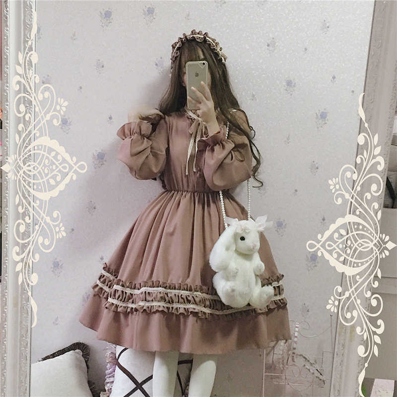 Alice In Wondeland Cute Women Lolita OP Dress Flouncing Lace Trim Japanese Harajuku Long Sleeves Doll Teen Fairy Vestidos 210623