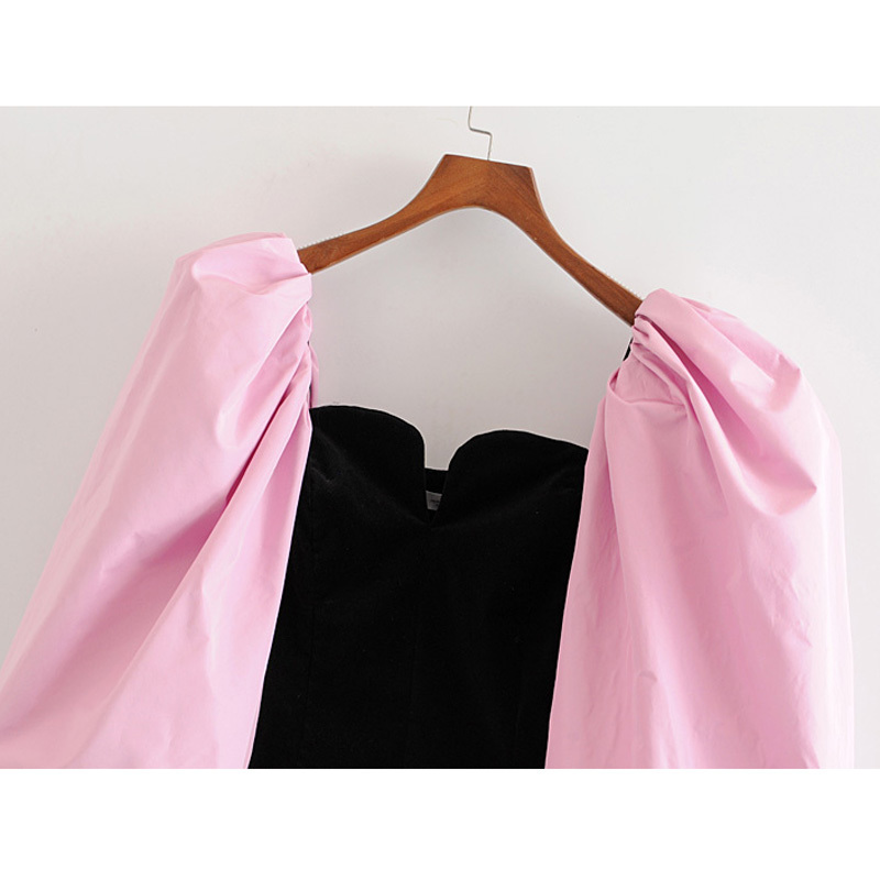 Vintage Stylish Spliced Velvet Short Blouses Women Fashion Back Zipper Smocks Elegant Ladies Long Lantern Sleeve Tops 210520