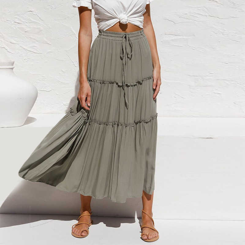 Pleated Skirt Women Summer Casual Lace-Up Elastic Waist Midi Woman Patchwork Ruffles High s Falda Plisada Mujer 210621