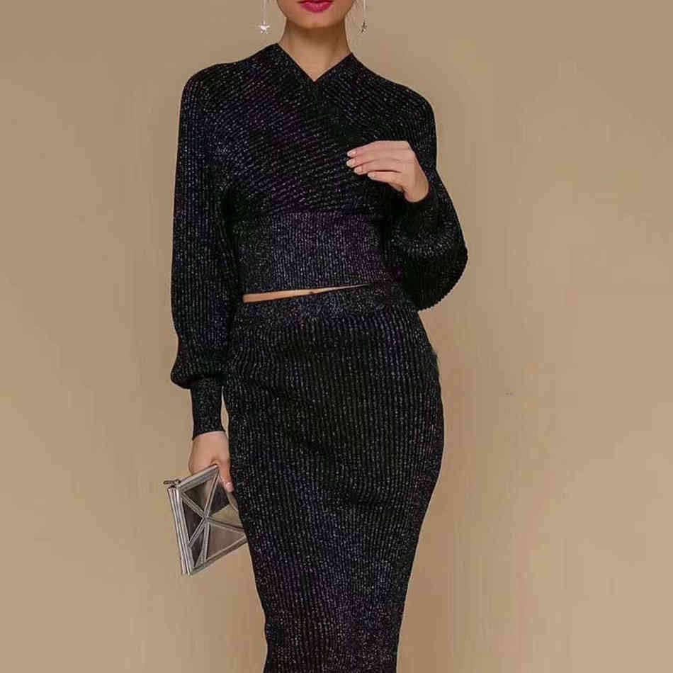 Free Women's Sweater Dress Set Sexy V-neck Bat Sleeve Pullover Knit Top & Skirt Elegant Two-piece 210524