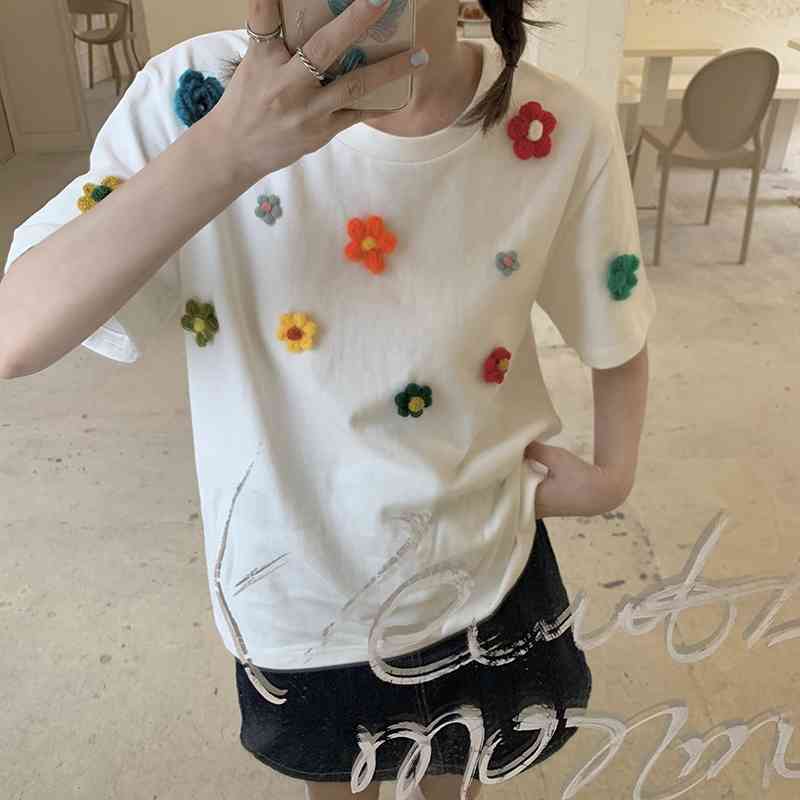 Short Tshirts for Women Summer Sweet Flower Decoration Fresh Kawaii Woman Tops Fashion All-match Korean Blouses Tees 210525