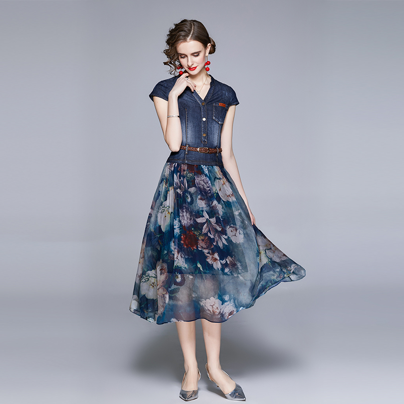 Summer Vintage Fashion Denim V-Neck Patchwork Chiffon Long Dresses Vestidos High Waist Casual Party Dress Female 210518