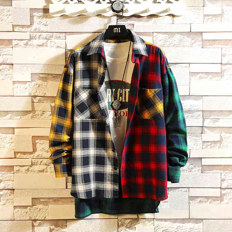 IEFB /autumn personality Korean style trend of color matching plaid shirt men's casual hip hop loose long-sleeved shirt 5XL 0023 210410