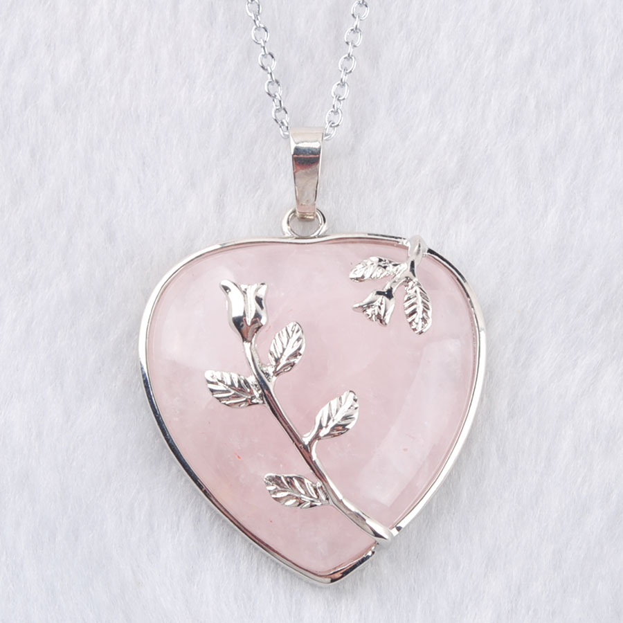 WOJIAER Love Heart Gem Stone Necklaces Pendant Natural Rose Quartz Stone Charms Bohemian Style Women Jewellery N3185
