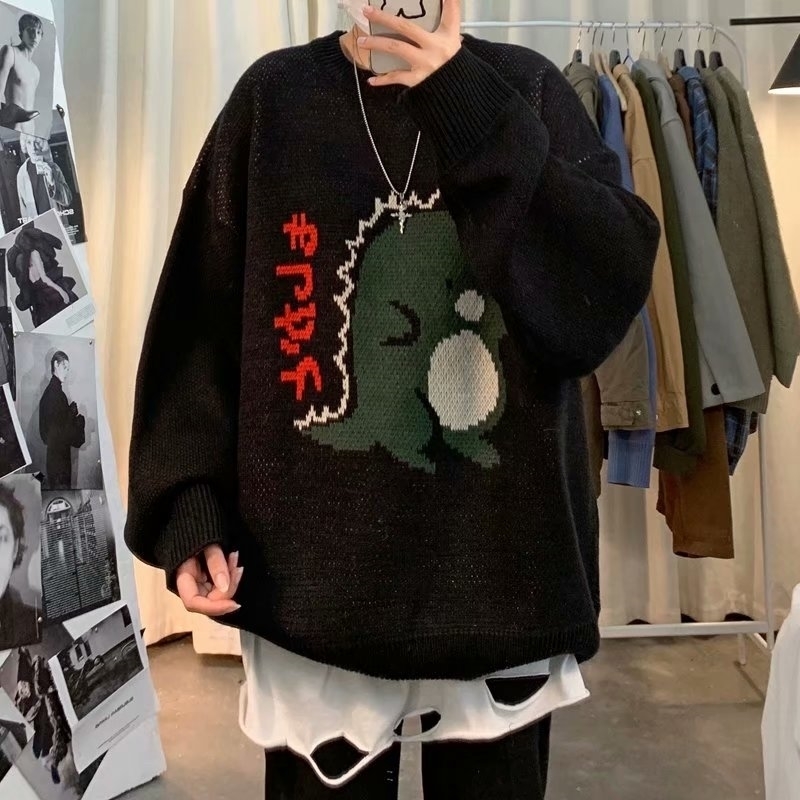 Man Women Cartoon Knitted Sweater Hit Color Loose Pullover Tops Harajuku Jacquard Knit Pullovers Jumper 210519