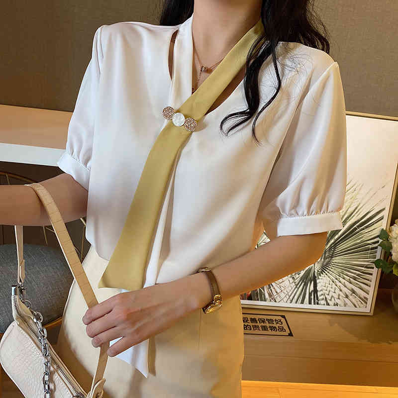 Korea Style Blouse Women Summer Vintage Necktie Sexy V-neck Short Sleeve Woman's Shirt Puff Chiffon 10352 210427
