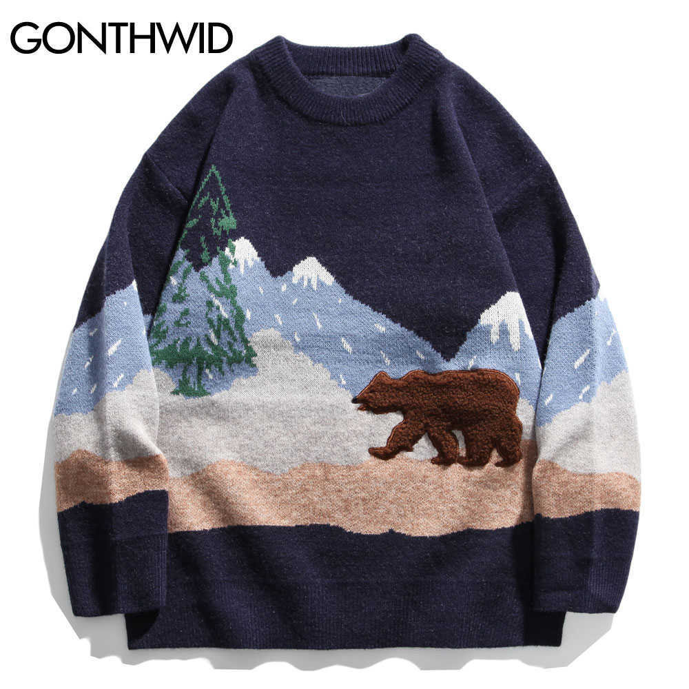 GONTHWID Snow Mountain Bear Patchwork Knitted Jumper Sweaters Streetwear Mens Hip Hop Harajuku Casual Knitwear Fashion Knit Tops 211008