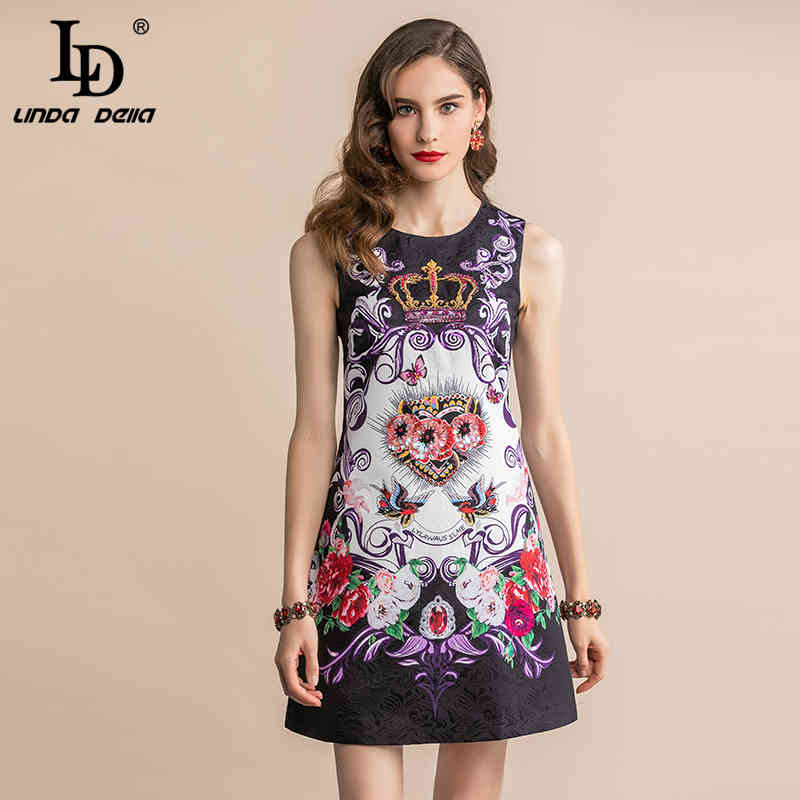 Summer Fashion Runway Mini Short Dress Women's Sleeveless Black Jacquard Floral Print Loose Elegant Vintage 210522