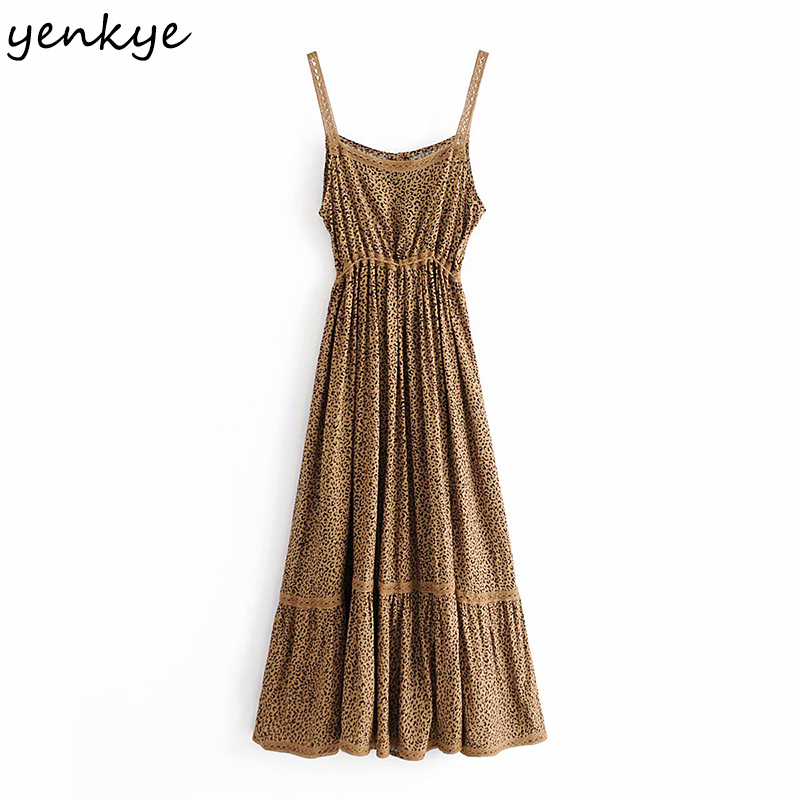 YENKYE Sexy Spaghetti Strap Vintage Leopard Dress Women Sleeveless Drawstring Waist A-line Casual Sling Long Dress Summer Robe 210515