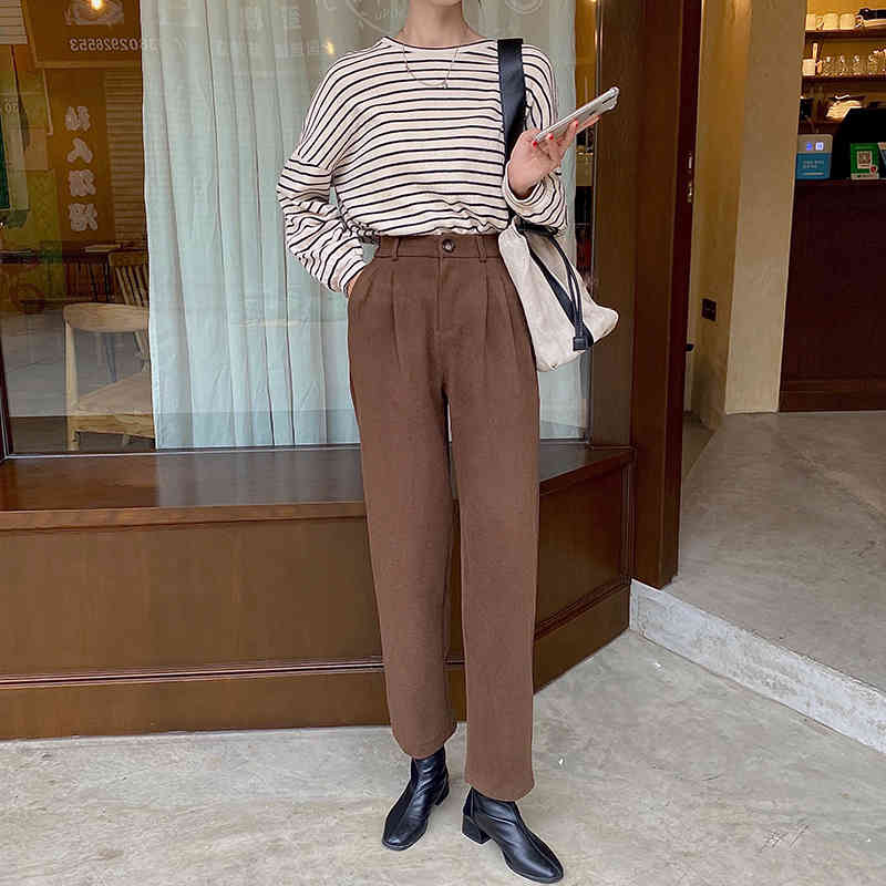 Korean High Waist Woolen OL Elegant Women Solid Plus Casual Loose-fitting Straight Pants Female Trousers 210421