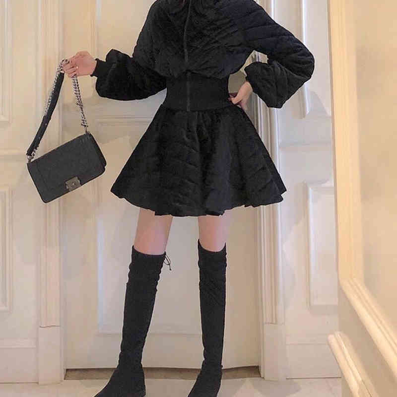 VGH Plaid Black Two Piece Set For Women Stand Collar Long Sleeve Jacket High Waist Ruched Skirt Casual Sets Female Style 210421