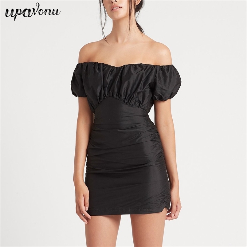 Free Chic Women's Bodycon Draped Dress Sexy Card Shoulder Short Sleeve Black Mini Club Party Vestidos 210524