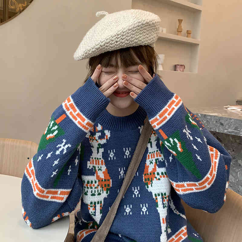 3colors autumn winter korean style loose Christmas Sweaters thick warm Knitted Sweater and pullover womens (C8187) 210423