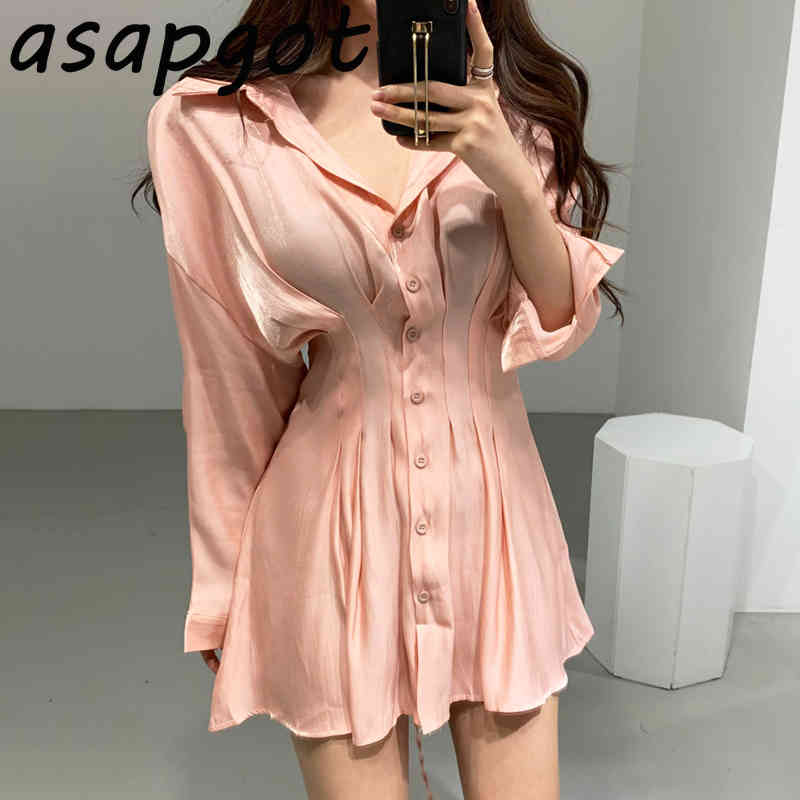 Korean Chic Elegant Slim Luster Waist Pleated Back Lace Up Shirt Dress Women Mini Lapel Single Breasted Solid Vestido Feminino 210429