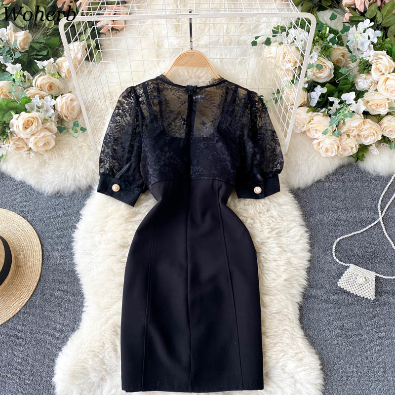 Bodycon Dress Chic Lace Patchwork Mini for Women V-neck Puff Sleeve See Through Vestidos Sexy Black Slim Robe 210519
