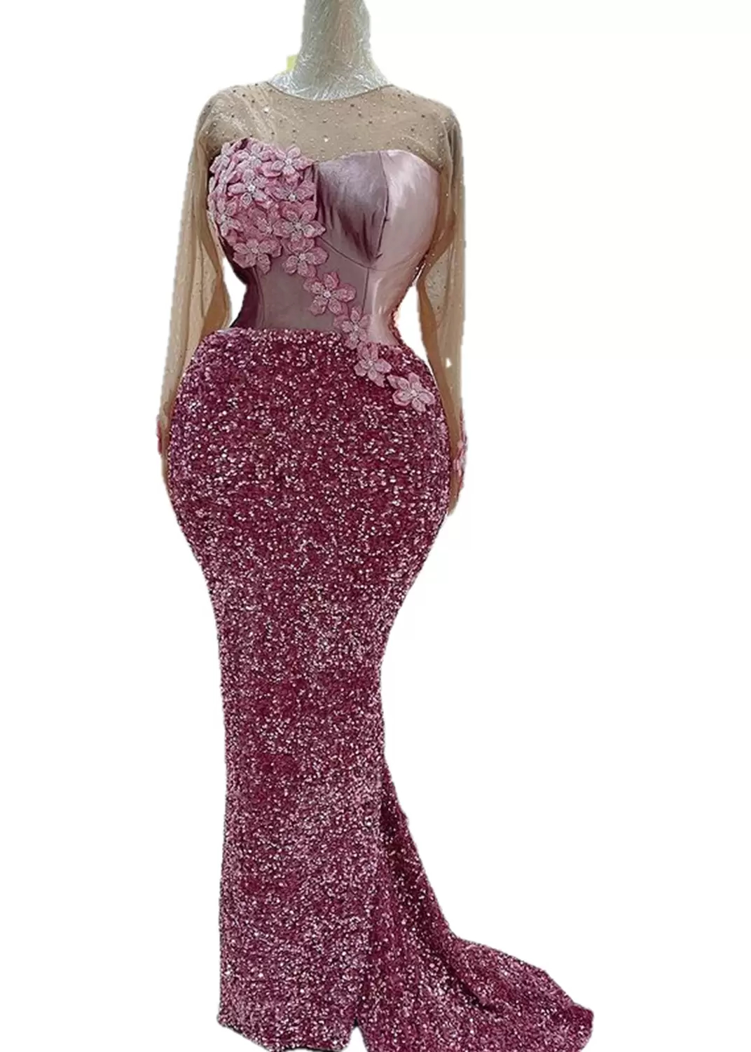 African Shiny Sequins Mermaid Evening Dresses Sheer Long Sleeves Appliqued Floral Lace Beaded Full Length Black Girls Prom Dress Special Occasion Wear