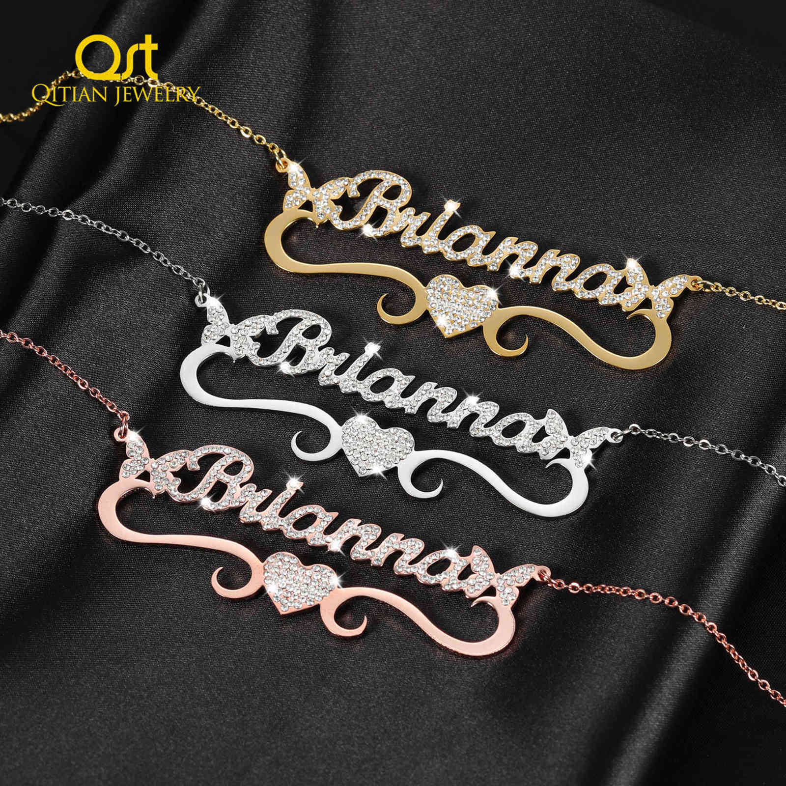 Personalized Butterfly Iced Out Name Necklace With Heart Pendant For Women Stainless Steel Jewelry Gift Customized Names Necklac 211123