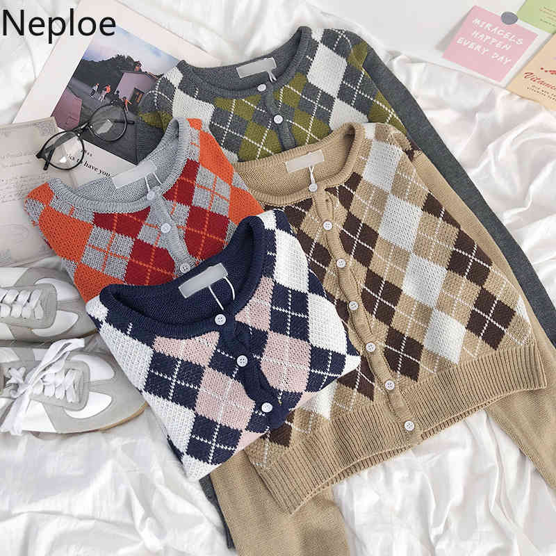 Neploe Cropped Sweaters Japanses Contrast Color Plaid Knitted Cardigan O-neck Long Sleeve All-match Casual Coat Tops Femme 94847 210422