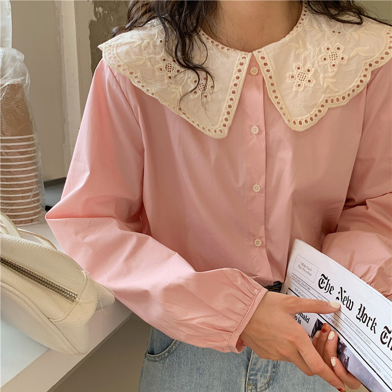 Korean Patchwork Lace Peter Pan Collar Casual Brief Chic Sweet Girls High Quality Femme Loose All Match Shirts 210421