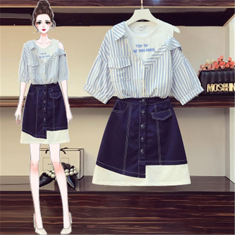 Fashion Runway Summer Girl Two Pieces Set Letters Embroidery Off Shoulder Striped Blouse Shirt+Mini Short Skirts Suits Female Piece Dress