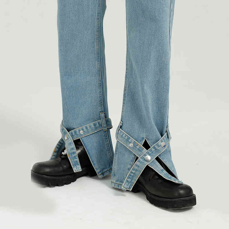 IEFB Strap Split Bottoms Loose Straight Blue Jeans For Men Vintage Streetwear Fashion Bandage Denim Trousers 9Y7113 210524