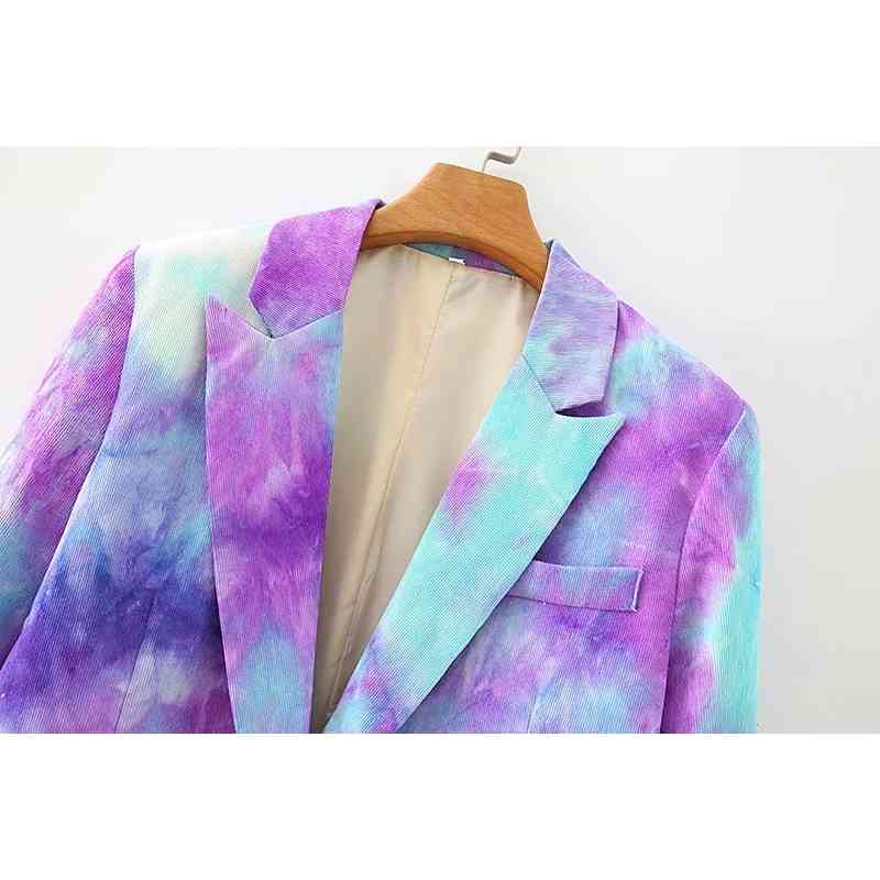 tie dye women elegant loose purple blazers fashion ladies casual long jacket suits boho female chic blazer girls 210527