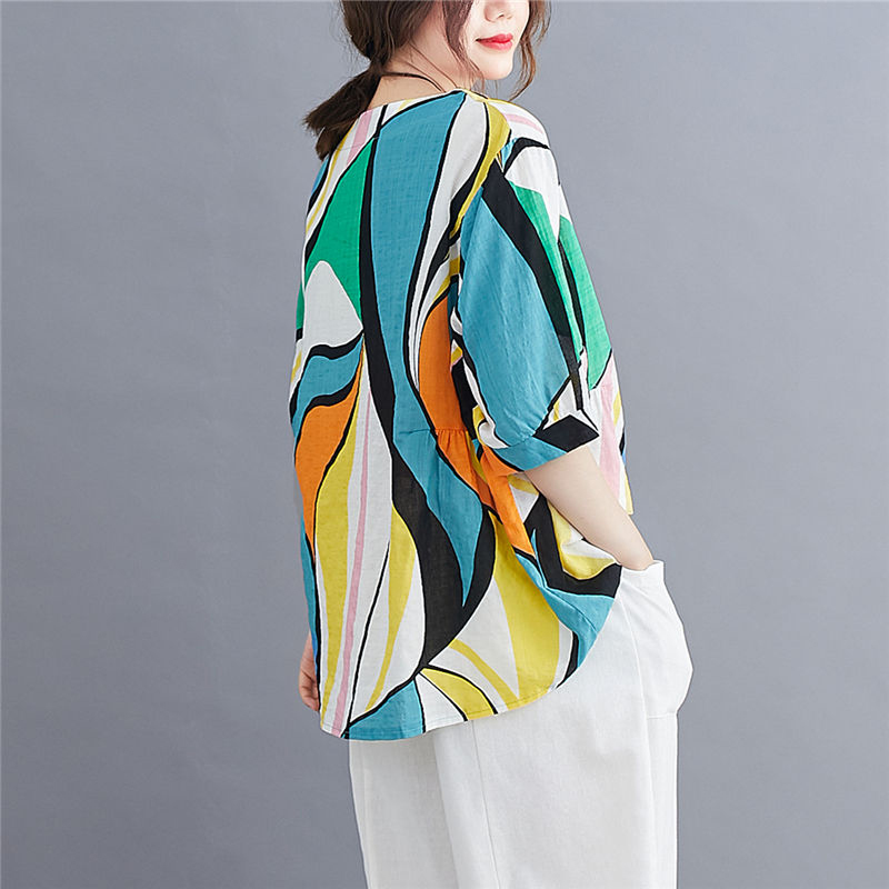 Summer Arts Style Women Short Sleeve O-neck Loose T-shirt Vintage Print Cotton Linen Tee Shirt Femme Casual Tops M06 210512