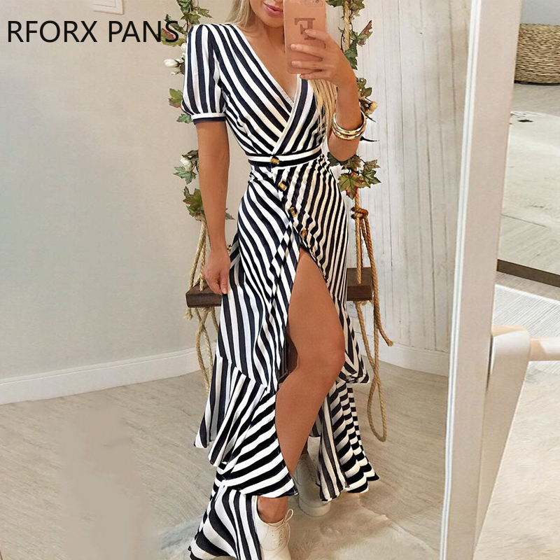 Striped Slit Irregular Ruffles Hem Dress Women Casual Dress, Black