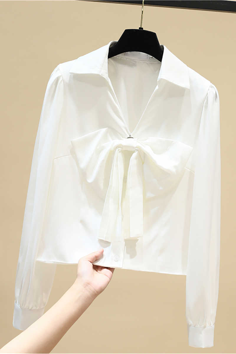 White Bow Full Turn Down Collar Shirt Women's Spring Loose Short Top 210615