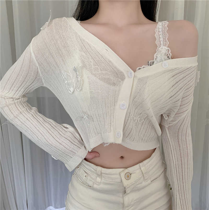 Butterfly Knit Cardigan Korean Sexy V-Neck Fitness Crop Tops Ladies Summer Thin Long Sleeved Sunscreen Jackets 210914