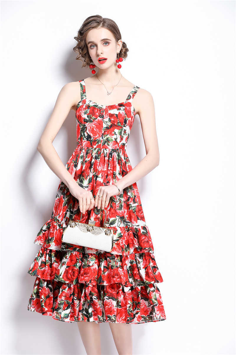 Women Summer Elegant Rose Print Sexy Wedding Party Robe Femme Vintage Red Condole belt Cake Dress Vestidos 210525