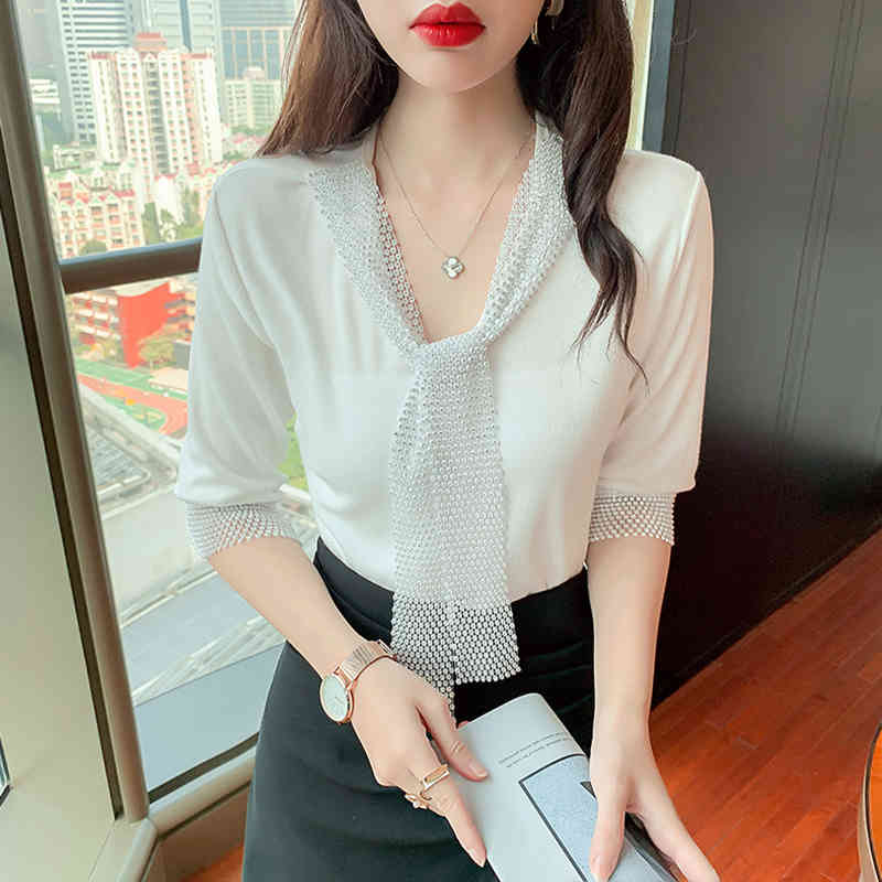 Korean Blouse Summer Womens Bright Diamond Tops And Blouses Office Lady Solid Color Sexy V-neck Long Sleeve Top 210515