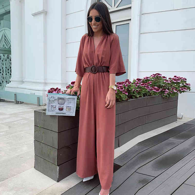 Women Fashion Solid Bodysuit With Belt Summer Short Sleeve Casual Wide Leg Jumpsuit Ladies V Neck Loose Playsuit Overalls 210515