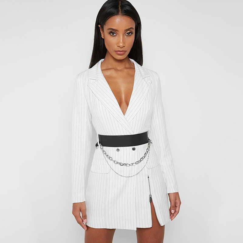 Foridol vintage stripe blazer dress women zipper slit double breasted white elegant blazer dress business elegant short dress 210415