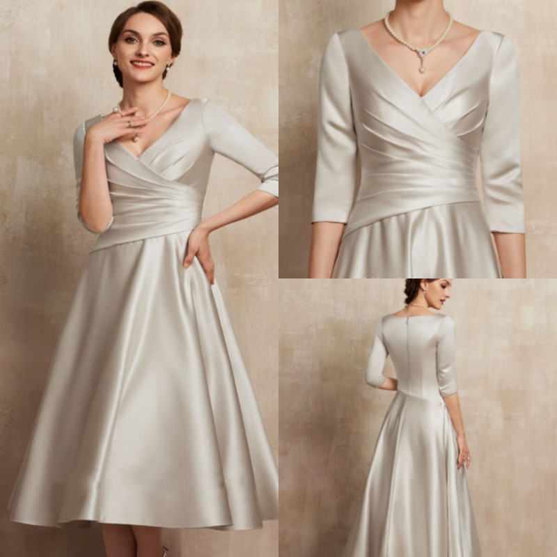Elegant Champagne V-neck Tea-Length Pleats Mother of the Bride Dress Ruffles Satin Bridal Party Gown Customed Plus Size Vestidos