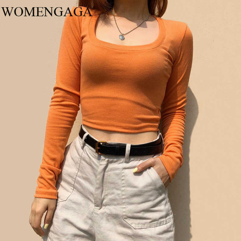 

Summer Women Scoop Neck Ribbed Tops T-shirt With Long Sleeve Cropped Top Sexy Knitting Short Exposed Navel CSHR 210603, Green