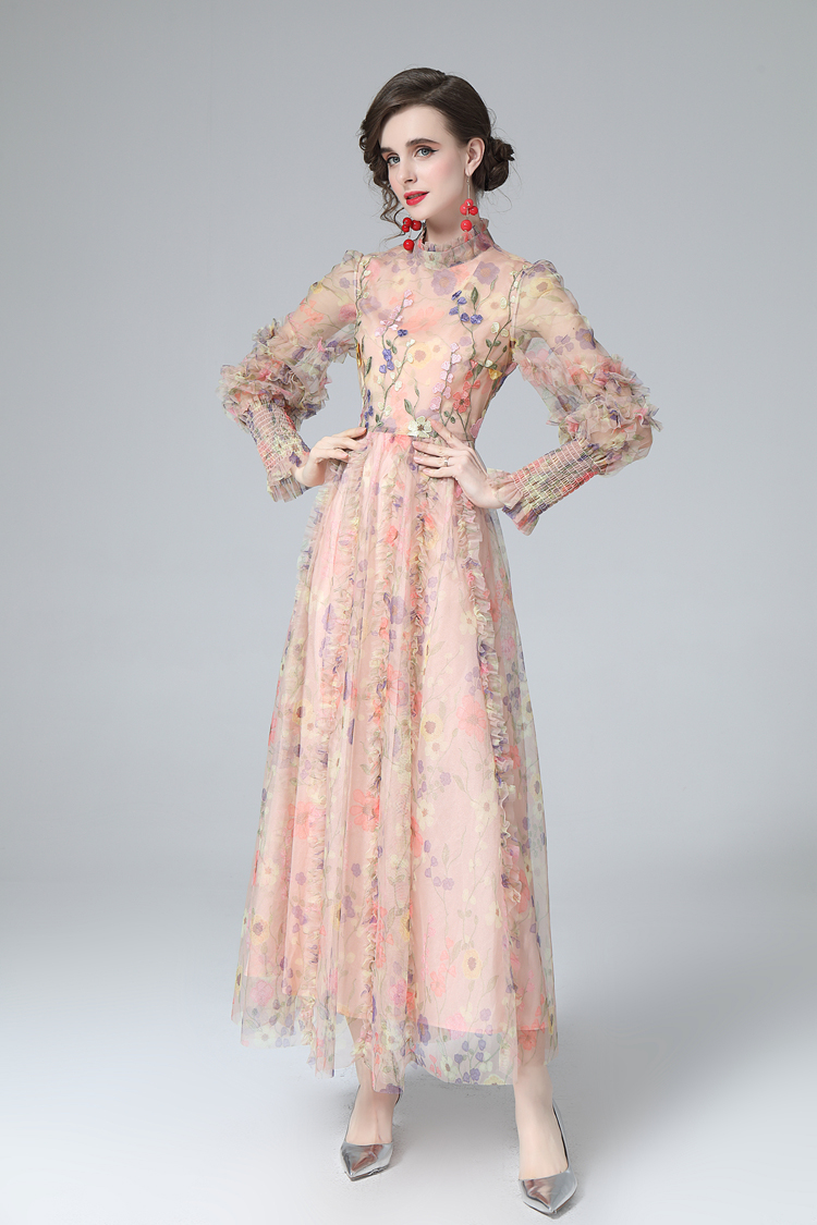 Women's Runway Dress Stand Collar Long Lantern Sleeves Printed Ruffles Elegant Fashion Party Prom Gown