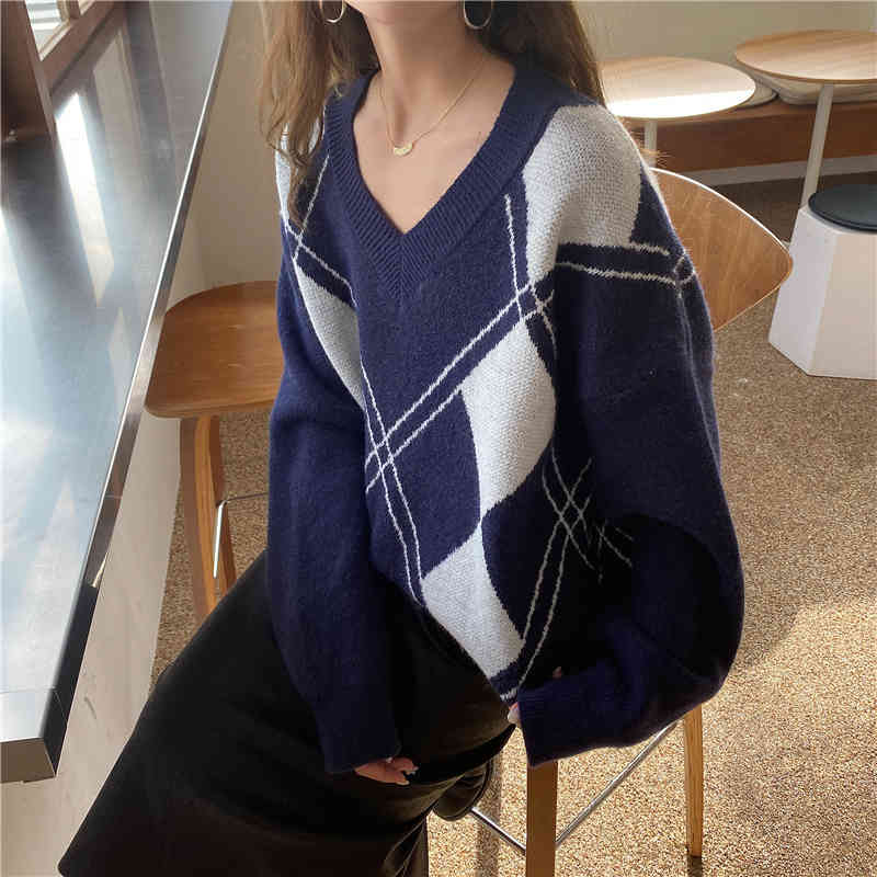Colorfaith New Women's Autumn Winter Knitwear V-Neck Pullover Argyle Korean Oversize Elegant Vintage Lady Jumpers SW1160JX 210413