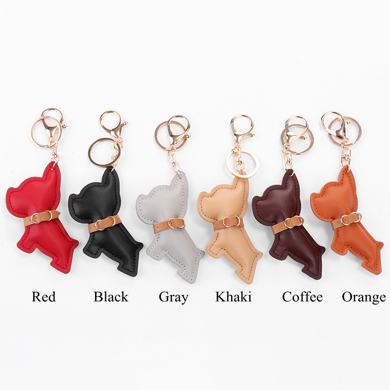 French Dog Car Key Chains Buckle Puppy Bulldog Pendant Keychains Rings Holder PU Leather Animal Charms Cartoon Mens Jewelry Accessories Fashion Women 