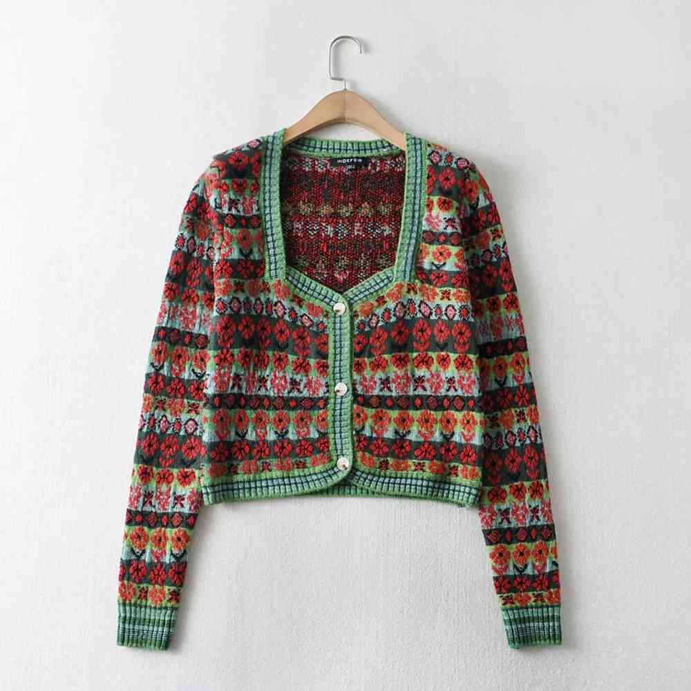 Vintage flower Jacquard Cardigan sweater women Cropped winter Knitted Crop Sweater Korean 210521