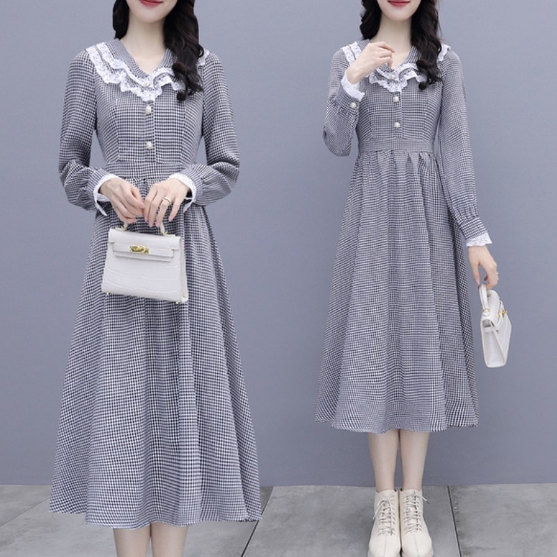 Retro Spring Lace Patchwork Long Plaid Dress Korean Women Fashion Sleeve Houndstooth Elegant Lady Slim Female 210519