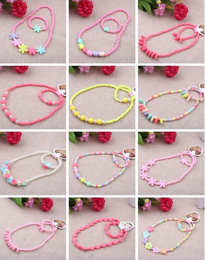 Kids Beaded Necklace Bracelet Jewelry Set Fashion Cute Pink White Pearl Pendant Accessories