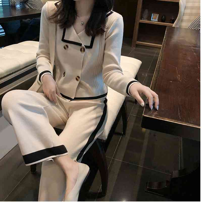 Women Aautumn Knitted Turn Down Collar Short Sleeve Double-breasted Cardigan Tops + Wide Leg Pants 2 Pieces Clothing Set Suits 210515