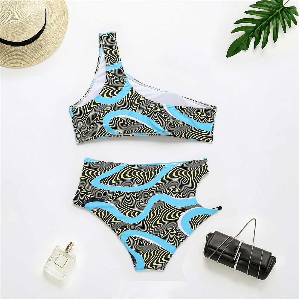 Sexy Cut Out High Waist Bikini Set One Shoulder Crop Top Swim Suits Swimming for Women Fashion Beachwear Bathing 210520