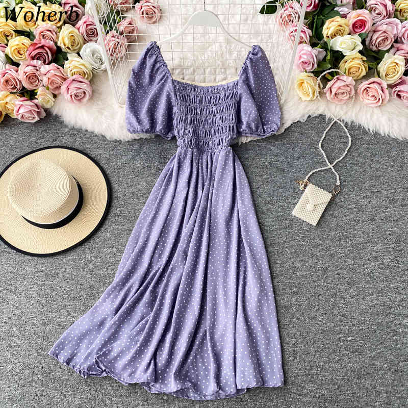 Summer Elegant Floral Dress Women Slim A Line Puff Sleeve Square Collar Dresses Ladies Korean Beach Robe Vestido 210519